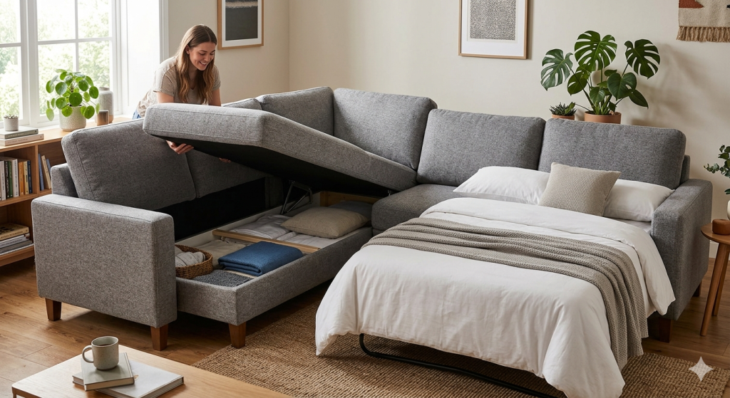 dual use furniture - sofa with bed and storage